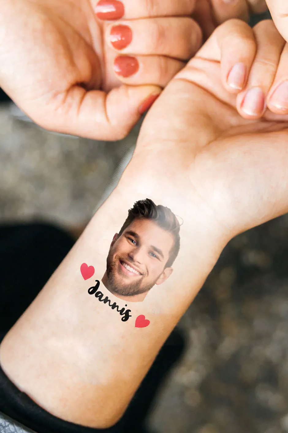 Personalised tempoary tattoo with man's face and name as party joke