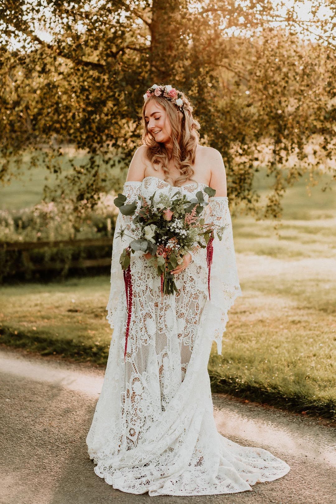 Off-the-Shoulder Lace Flowers Rustic Wedding Dresses Boho Wedding