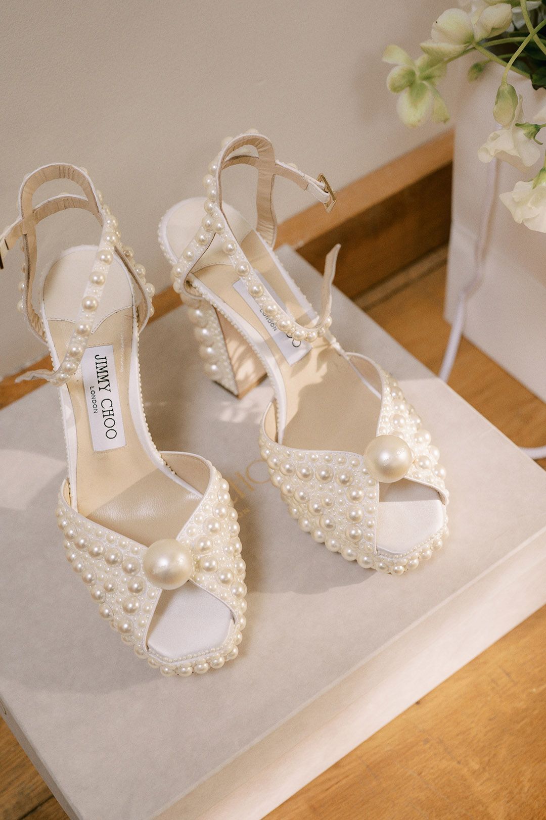 Jimmy Choo Pearl Shoes at The Tythe Barn Rustic Wedding