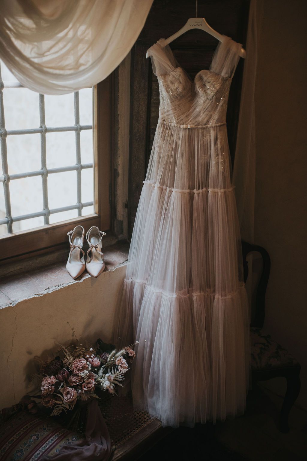Tuscany Elopement With First Look And Off The Shoulder Wedding Dress