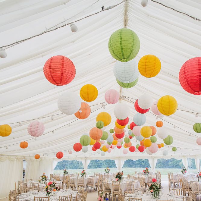 Colourful Hanging Paper Lantern & Wild Flower Filled Marquee Wedding