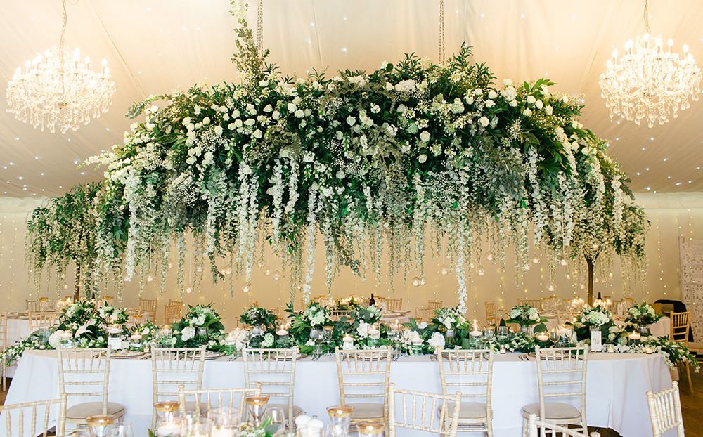 Green and White Red Floral Architecture Wedding Flowers at Iscoyd Park