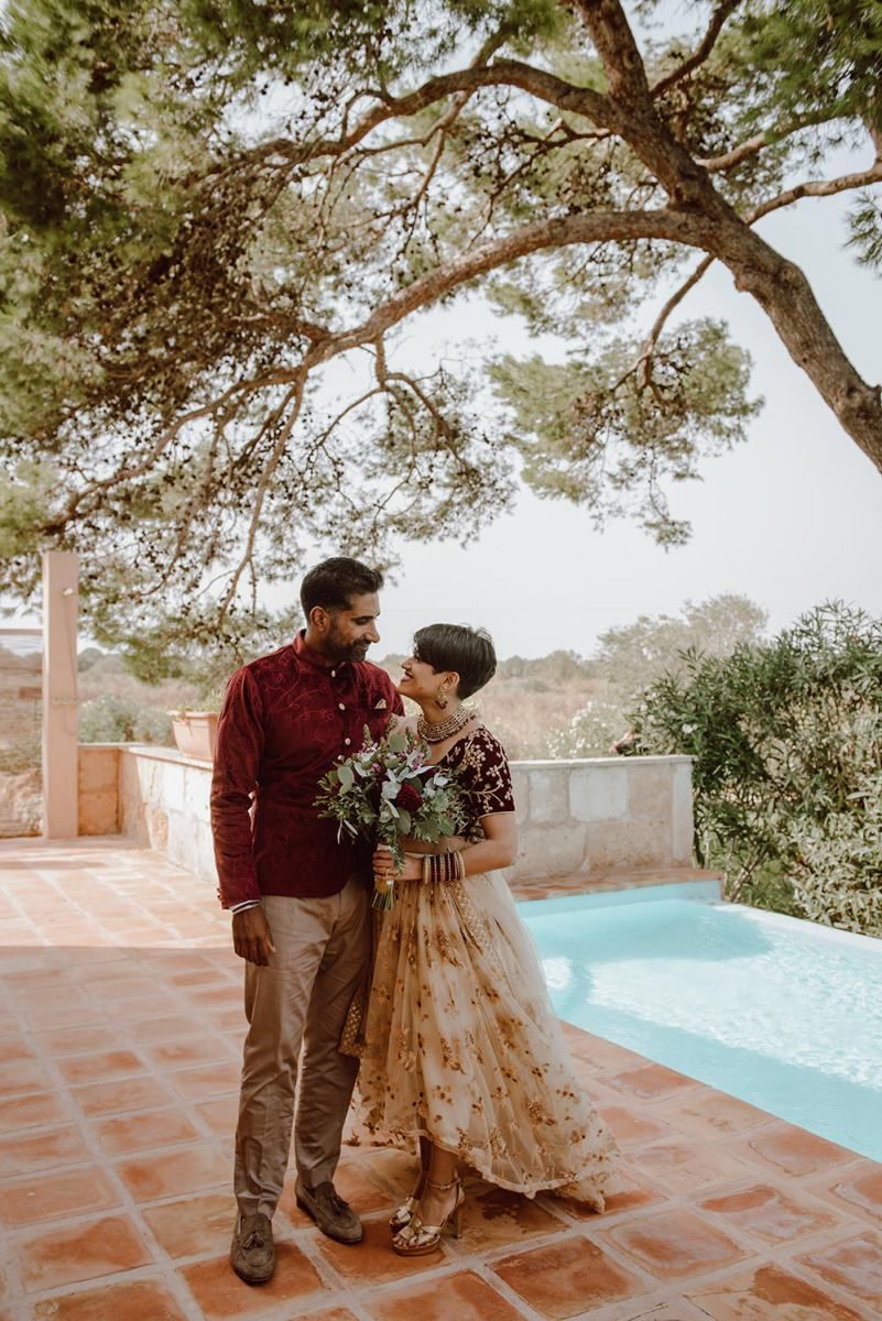 First Dates Wedding in Mallorca with Burgundy & Gold Indian Dress