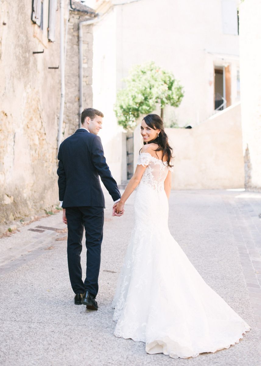 French Chateau Wedding with Bride in Bardot Lace Wedding Dress and ...