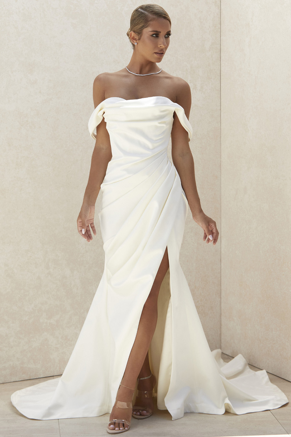 Satin draped bridal maxi dress from House of CB with thigh split