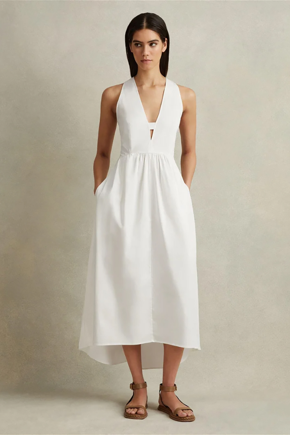 high-low midi cotton wedding dress with pockets