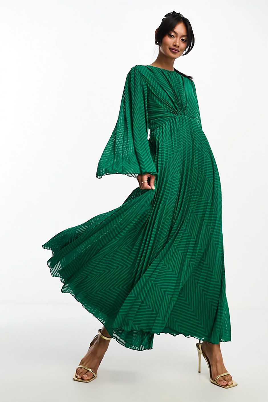 Long sleeve green winter wedding dress from ASOS with pleated design and fluted sleeves
