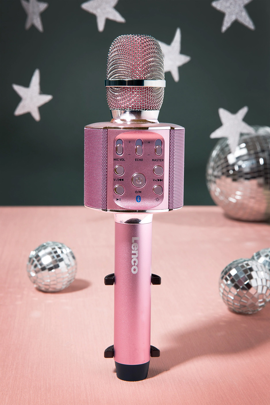 Pink karaoke microphone from Lenco with built in speakers and special effects 