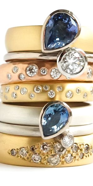 A selection of rings by Sue Lane. Contemporary jewellery commissioning and remodelling