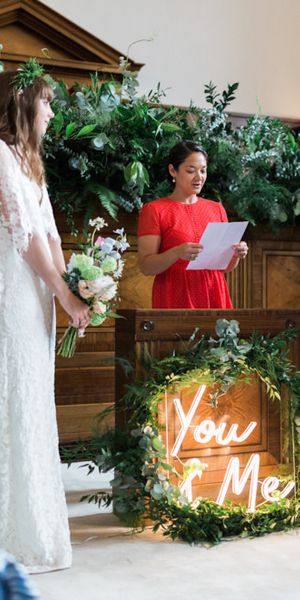 Neon Sign and Marine Green Rewritten Bridesmaids Dresses with Bride in Lace Cape Grace Loves Lace Verdelle Gown, shot by Alain Mbouche