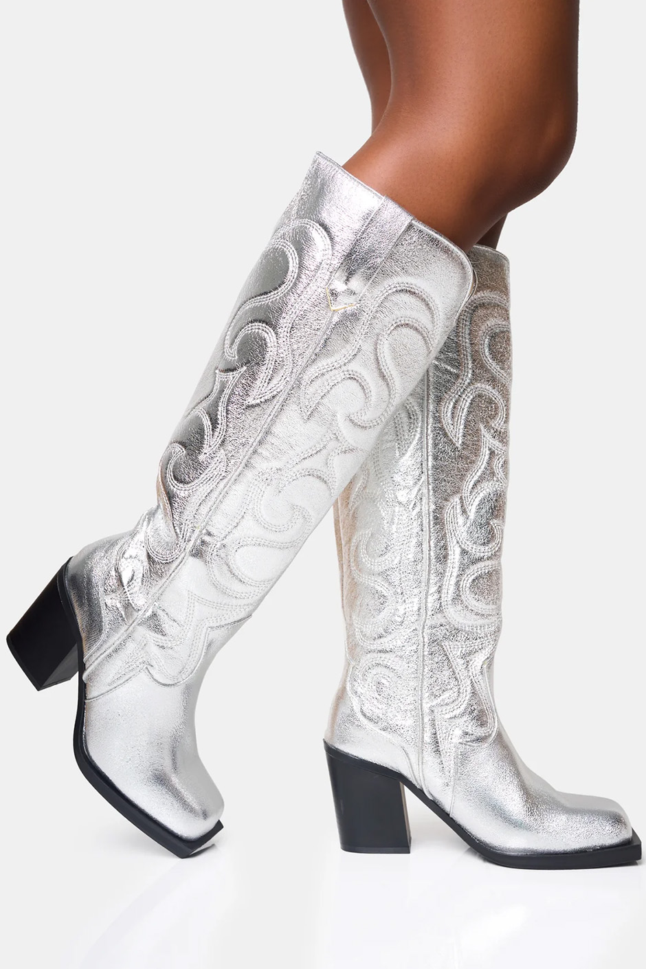Silver western cowboy boots with block heel from Public Desire