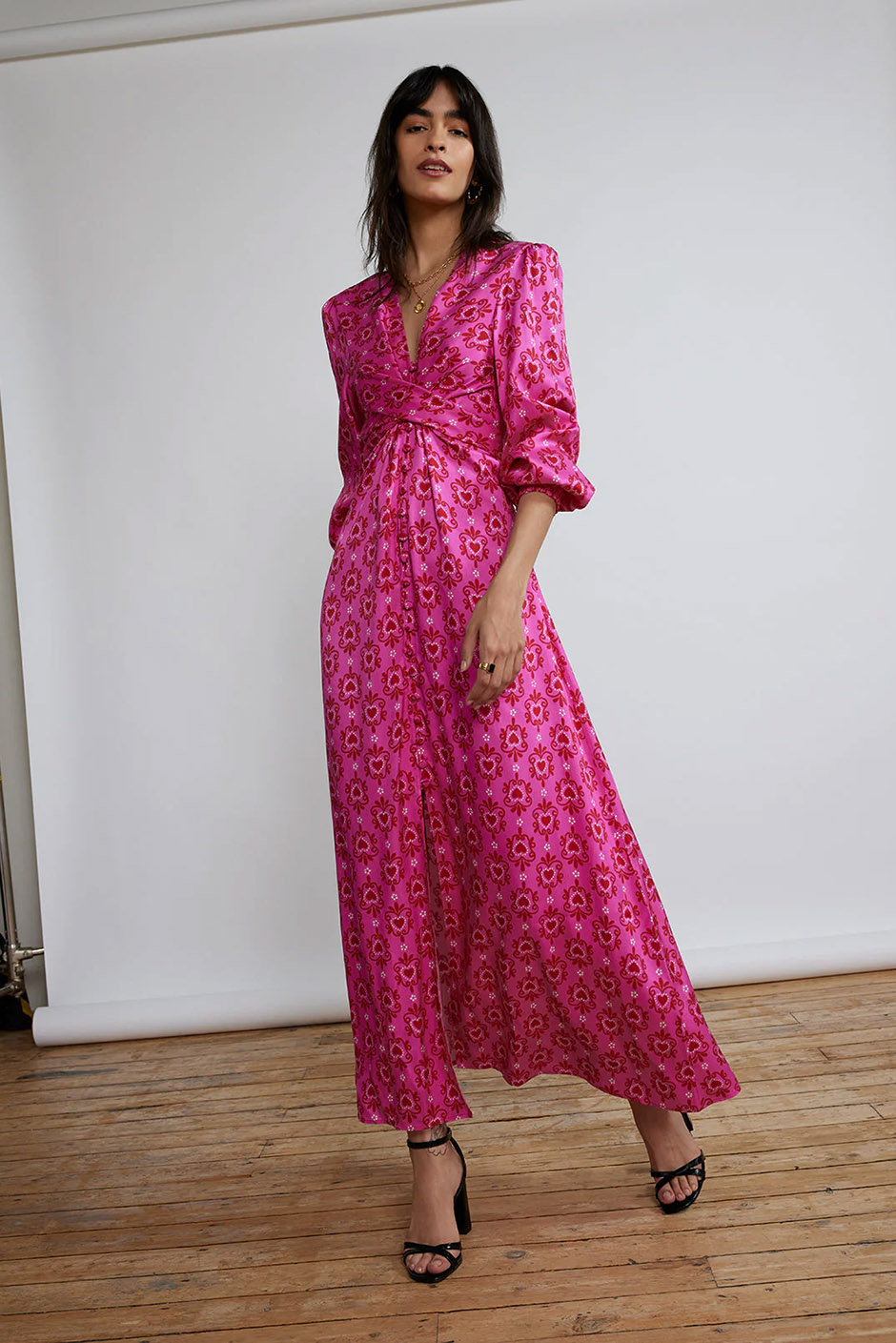 Long sleeve wedding guest dress in pink from Kitri STUDIO with heart print 
