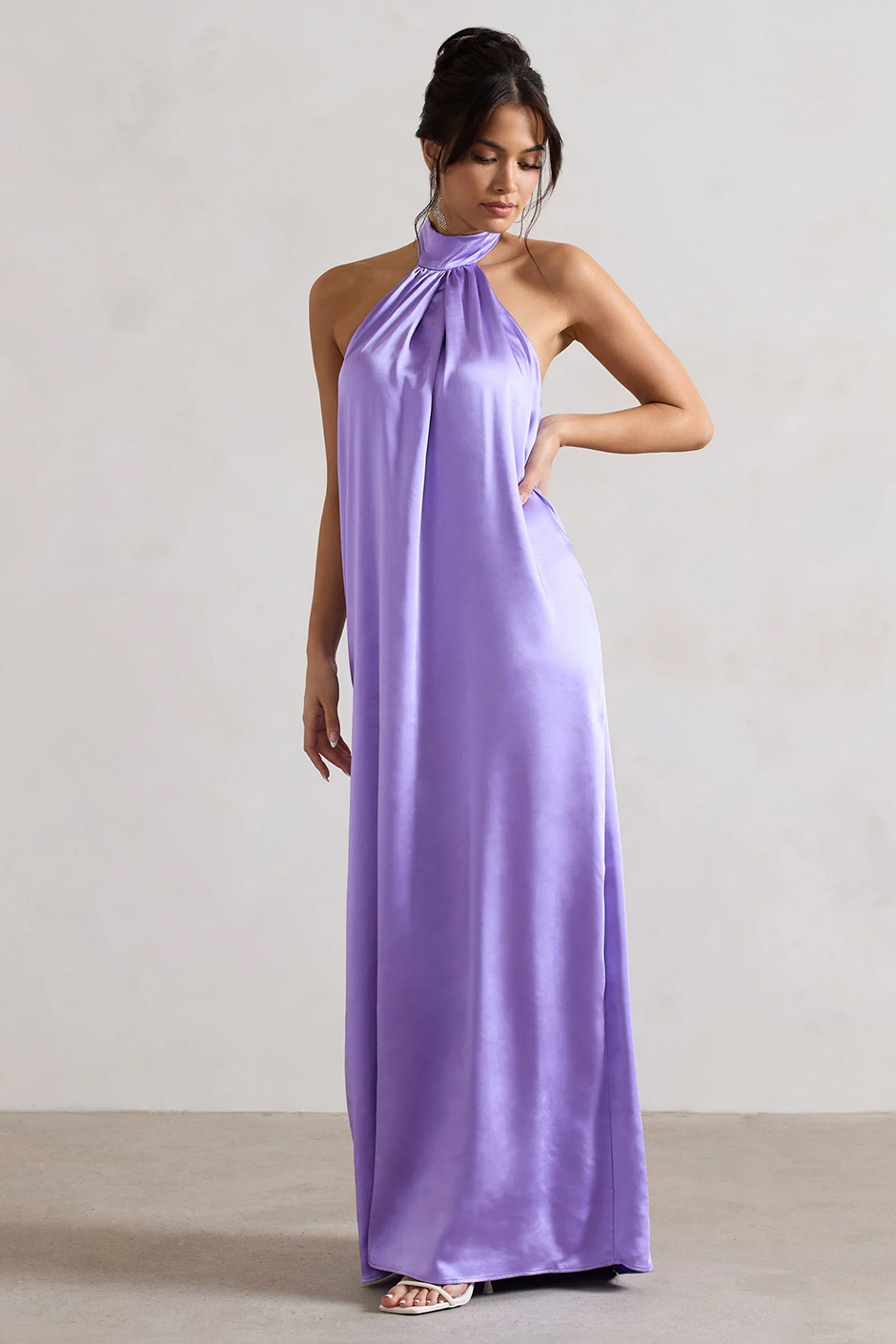 spring bridesmaid dress from Club L - purple satin maxi dress with halter tie neck