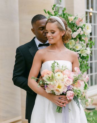 modern elegant Ruston Hall wedding inspiration with tuxedos, pastel flowers and princess wedding dresses