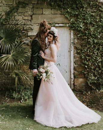 romantic pink strapless wedding dress at Spring Hooton Pagnell wedding inspiration 