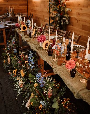 Seasonal flowers for rustic wedding tablescape.