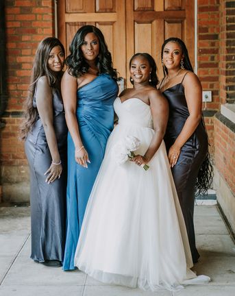 Blue bridesmaids dresses in different shades and fabrics to suit all 