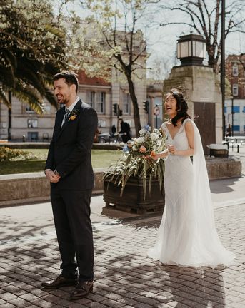 outdoor wedding first look moment