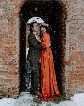 Red dress for wedding in the snow