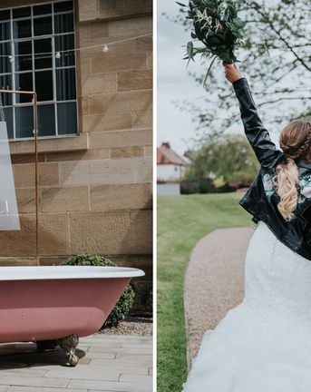 Pink Roll Top Booze Bath and Copper & Perspex Wedding Decor at Industrial Venue The West Mill | Customised Leather Jacket | Rosie Kelly Photography
