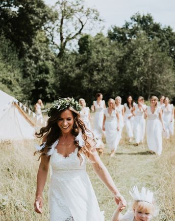 Boho Tipi Wedding With Bride In Hollie Dress By Grace Loves Lace And 12 Bridesmaids In White Dresses