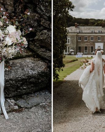 Outdoor Cornish Wedding at Boconnoc Estate | Lace Pronovias Wedding Dress | Mint Green Bridesmaid Dresses | Nick Walker Photography