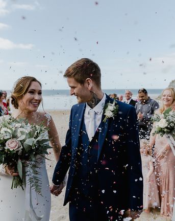 Lusty Glaze Beach Wedding Newquay Cornwall | Lace Long Sleeve Martina Liana Wedding Dress | Blue Jarlo London Bridesmaid Dresses | Alexa Poppe Photography