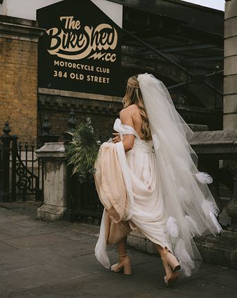 Bike Shed Motorcycle Club Wedding for ELLE Digital Editor | Bespoke Bridal Dress | Paul Smith Suit | Drag Queen | Nigel John Photography