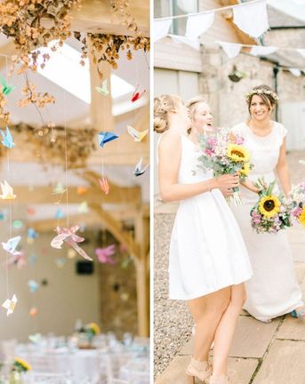 Colourful Paper Cranes & Sunflower Wedding Décor in Rustic Barn | Chiffon Polka Dot Dress by Kate Halfpenny | Doxford Barns | Sarah-Jane Ethan Photography