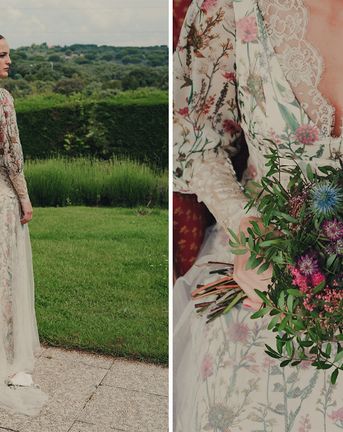 Bride in Floral Print Bespoke Wedding Dress with Silk, Tulle and Lace Detail for an Intimate Spanish Wedding