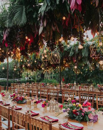 Bali Wedding Venue With Tropical Bright Flower & Light Installation