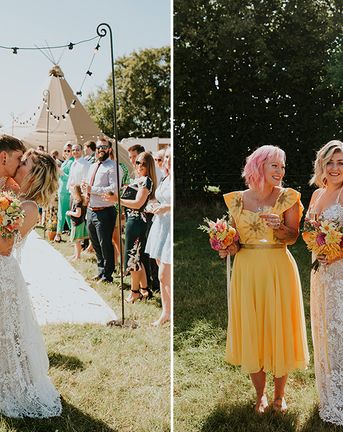 Canary Yellow Bridesmaid Dresses At Farm Wedding With PapaKata Tipi