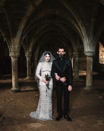 Gothic Wedding with Silver Corset Bridal Dress and Floral Headpiece