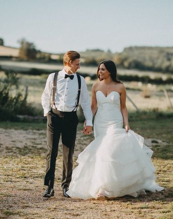 Farbridge Wedding Venue with Strapless Fishtail Bride Dress & Neon Sign