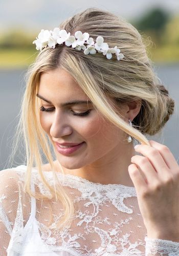 thumbnail image 2 of Big Flower White Pearl Crystal Hair Head Band – Gold Tone, Bridal Wedding Accessory 2 of 5