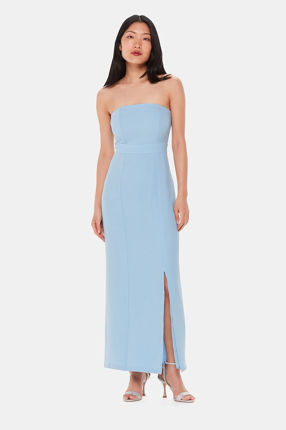 Spring bridesmaid dress from Whistles - pale blue strapless formfitting dress with leg split 