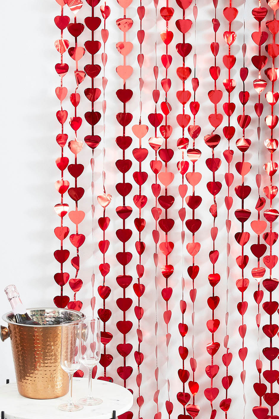 Team Hen red love heart foil curtain for Galentines theme hen parties