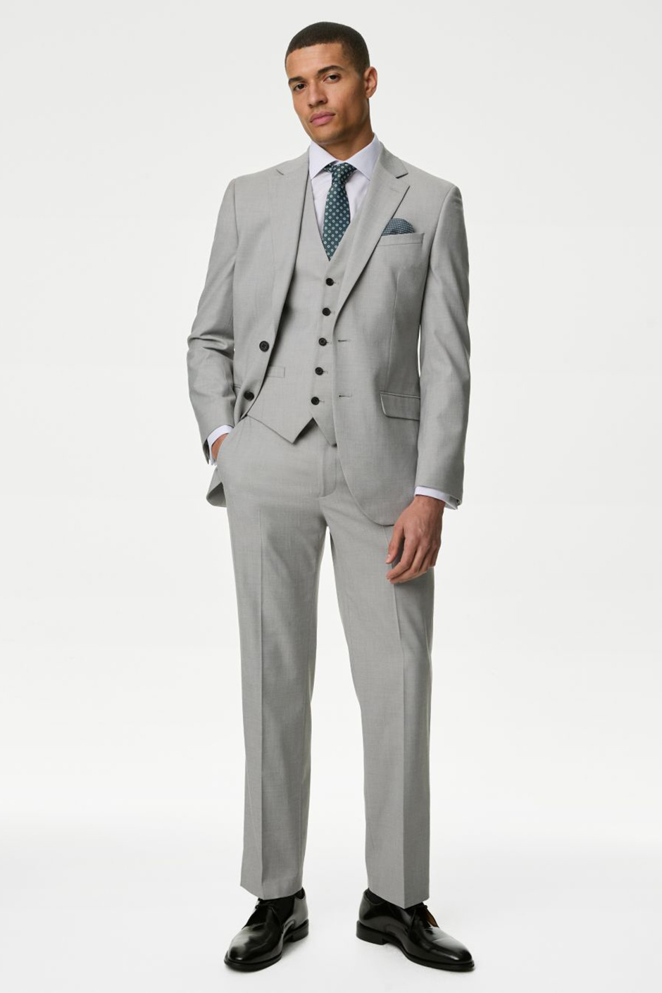 Regular fit grey groomsmen suit from M&S with a stretch fit design available in 3-pieces 
