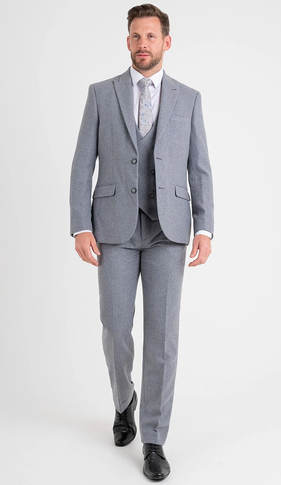 Tweed groom suit in grey from Moss Bros 