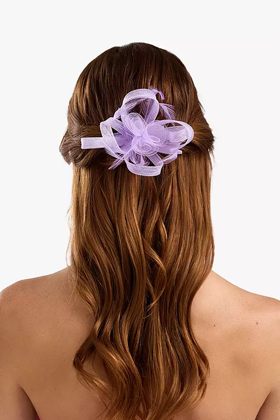Lilac small hair fascinator for weddings from John Lewisstyled with half up half down hairstyle