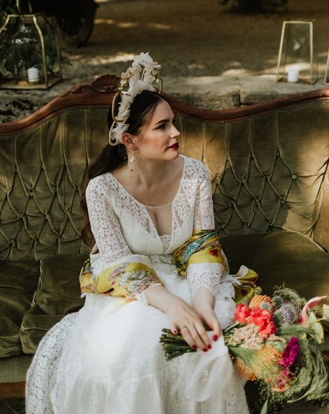 bride in bridal crown and lace wedding dress at italian destination wedding