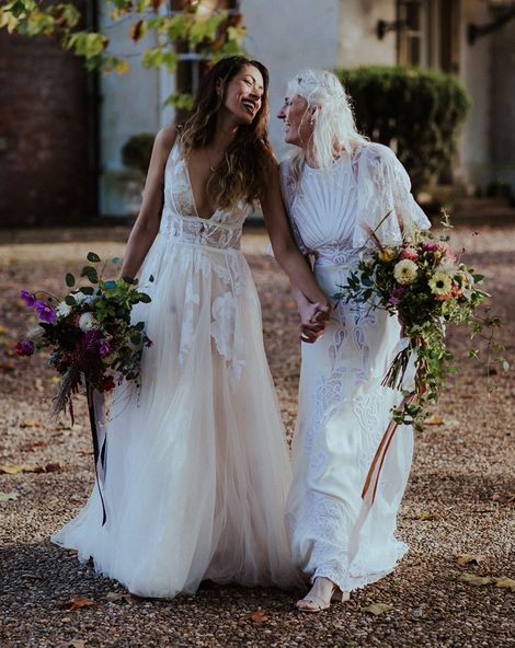 Aswarby Rectory wedding with two brides in boho lace wedding dresses