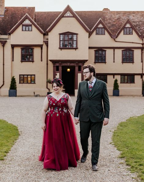 Red Embroidered Wedding Dress For Ufton Court Wedding With Jewel Tones