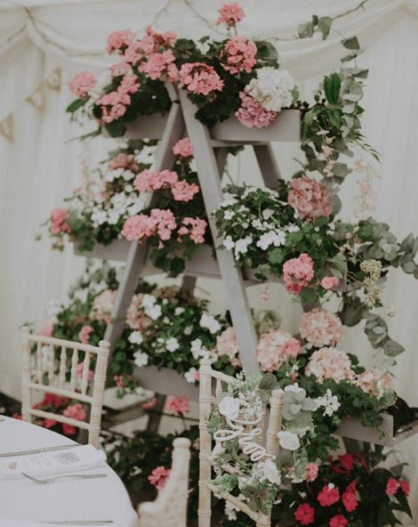 Intimate back garden wedding with white and pink flowers, decor and details