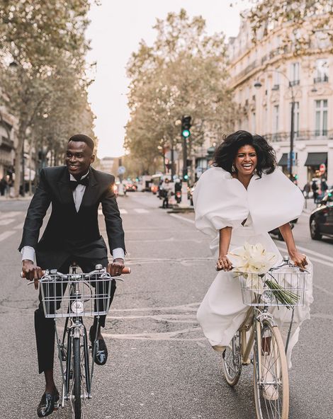 elopement wedding in paris with tuxedo, princes wedding dress and monochrome colour scheme