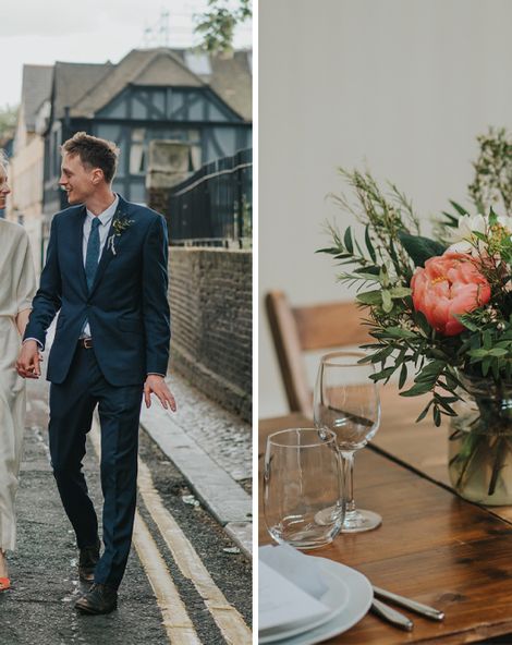 Coral Peony Humanist Wedding at The Tab Centre Shoreditch | Wrap Front Wedding Dress | DIY Flowers | Cake Tabel | Remain in the Light Photography
