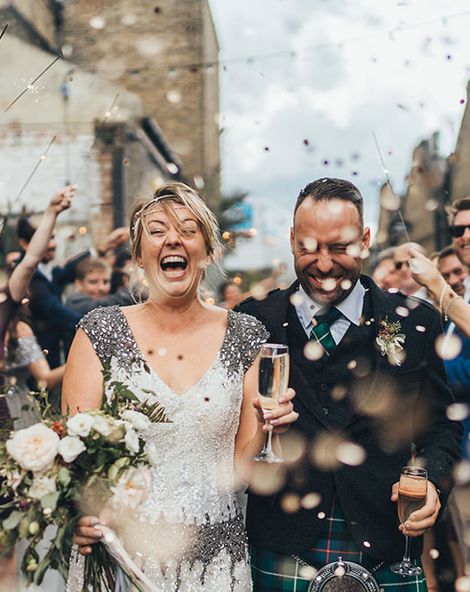 Metallic Confetti Cannons and Paper Lanterns with Bride in Beaded Shoulder Eliza Jane Howell Dress for Stoke Newington Wedding, shot by Miss Gen Photography
