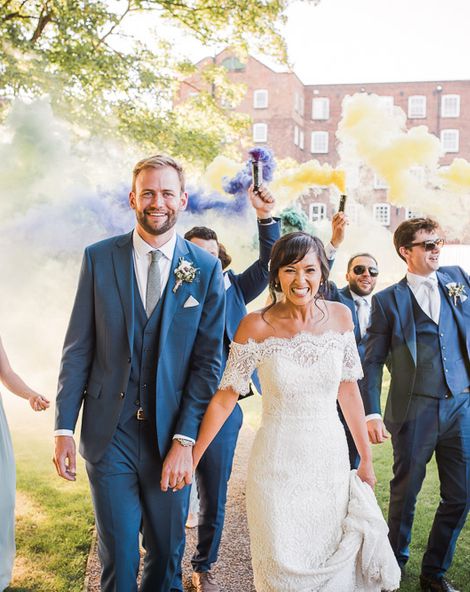 Smoke Bombs and Chinese Paper Fans Backdrop with Bride in Bardot Dress | Watters Wedding Dress | ASOS Bridesmaids Dresses | Twig & Vine Photography
