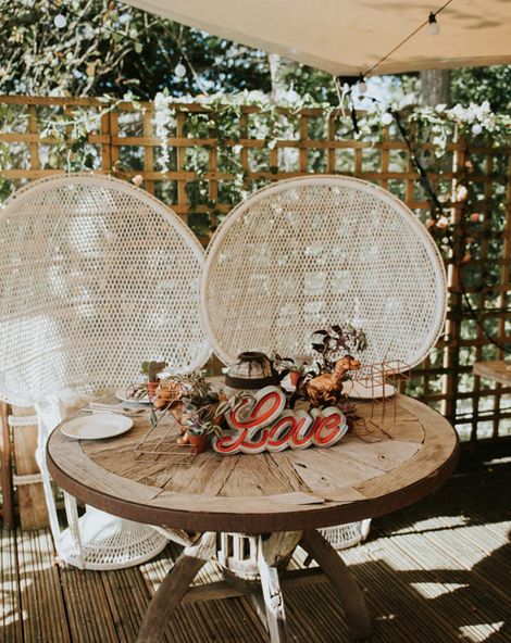 Peacock Chairs, Sweetheart Table and Leather Jackets for Autumn Wedding at The Copse, with Bride in Novia D'Art Dress, shot by Rosie Kelly Photography