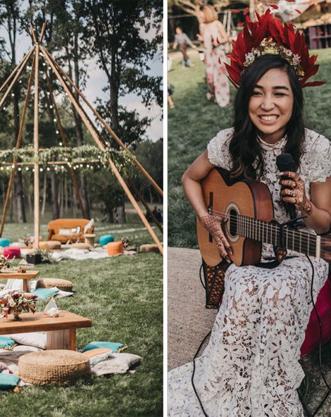 Festival Wedding with Naked Tipi Chill Out Area, Lace Bridal Separates, Feather Flower Crown and Protea Bouquet, shot by Serafin Castillo